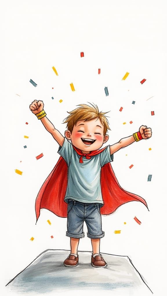 Joyful Young Hero Stands Tall on Hospital Bed