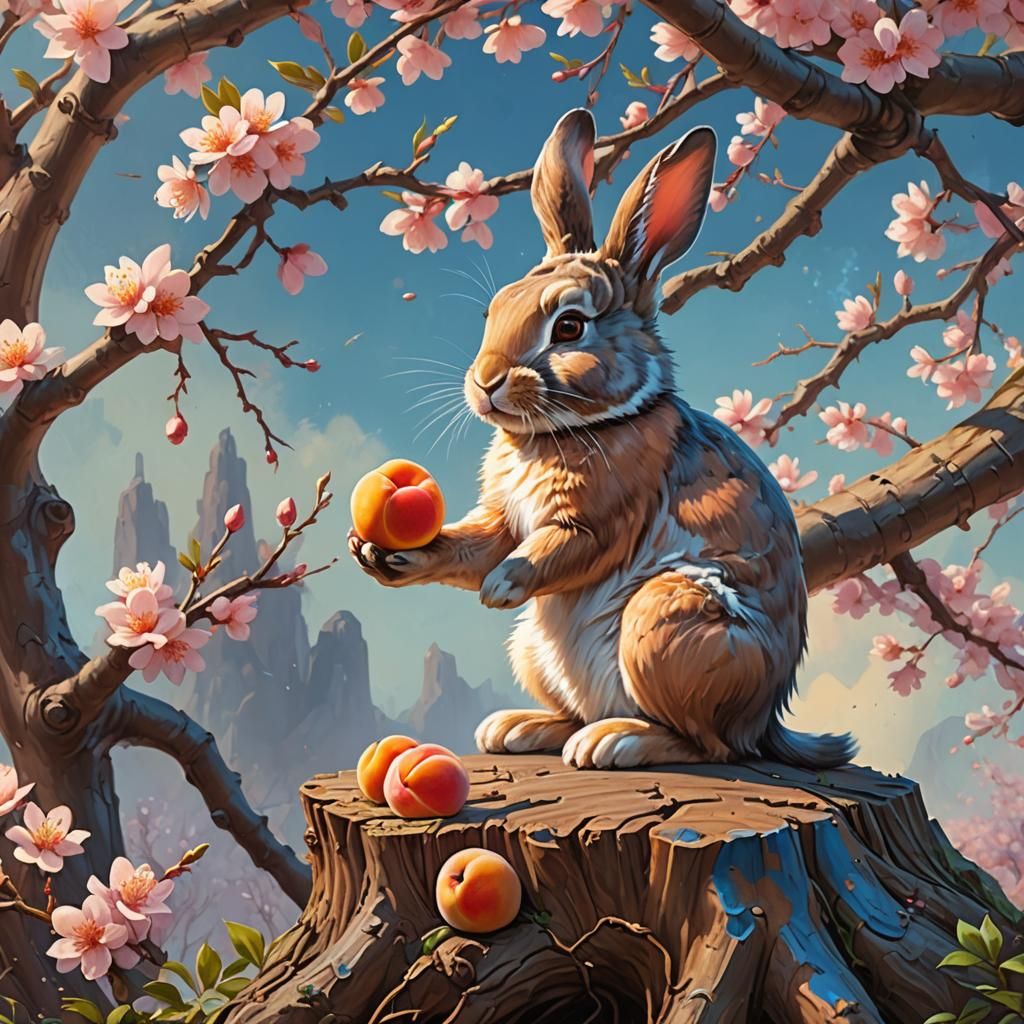 Whimsical Bunny Amidst Blooming Peach Blossoms