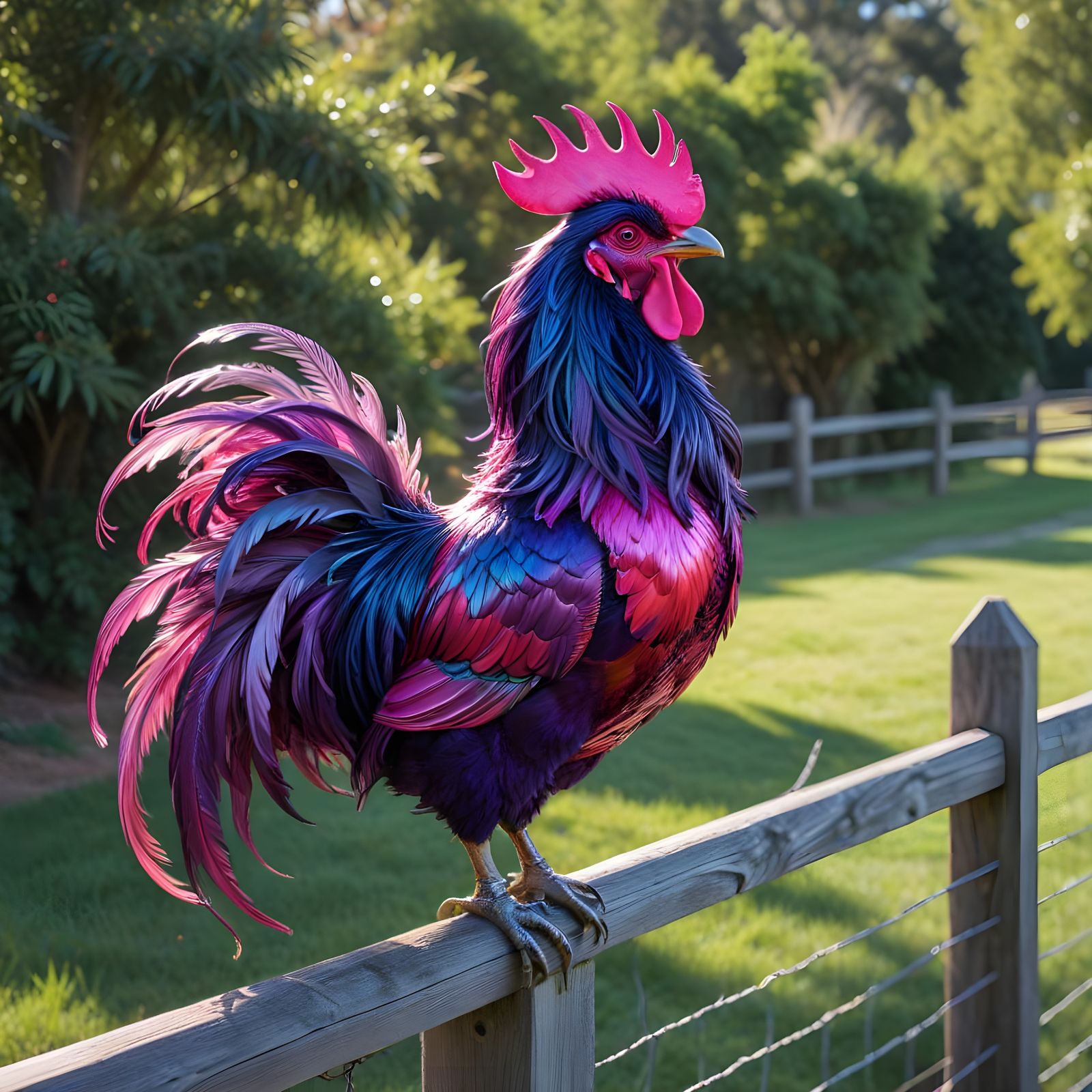 Chrome Pink Rooster With Curly Feathers