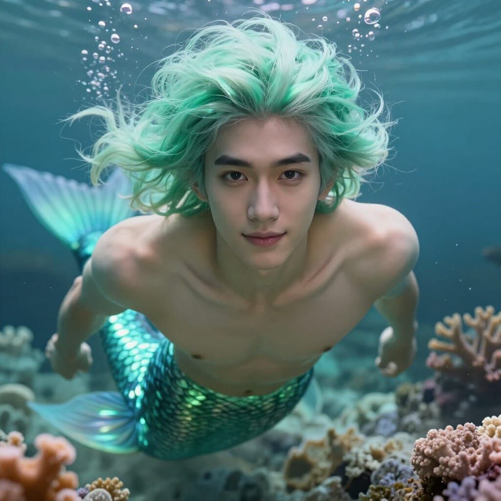 Androgynous Merman With Shimmering Mint Hair Underwater