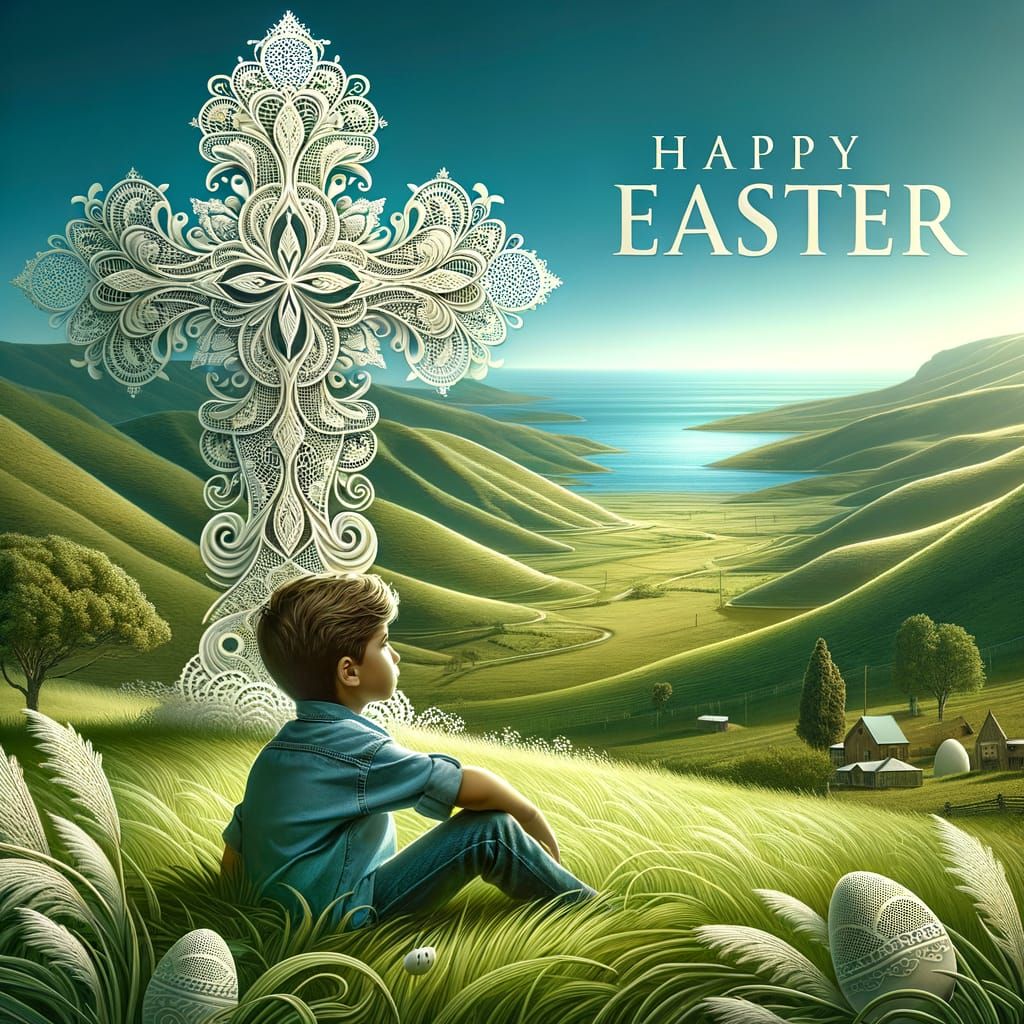 Radiant Easter Cross Amidst Rolling Hills and Ocean