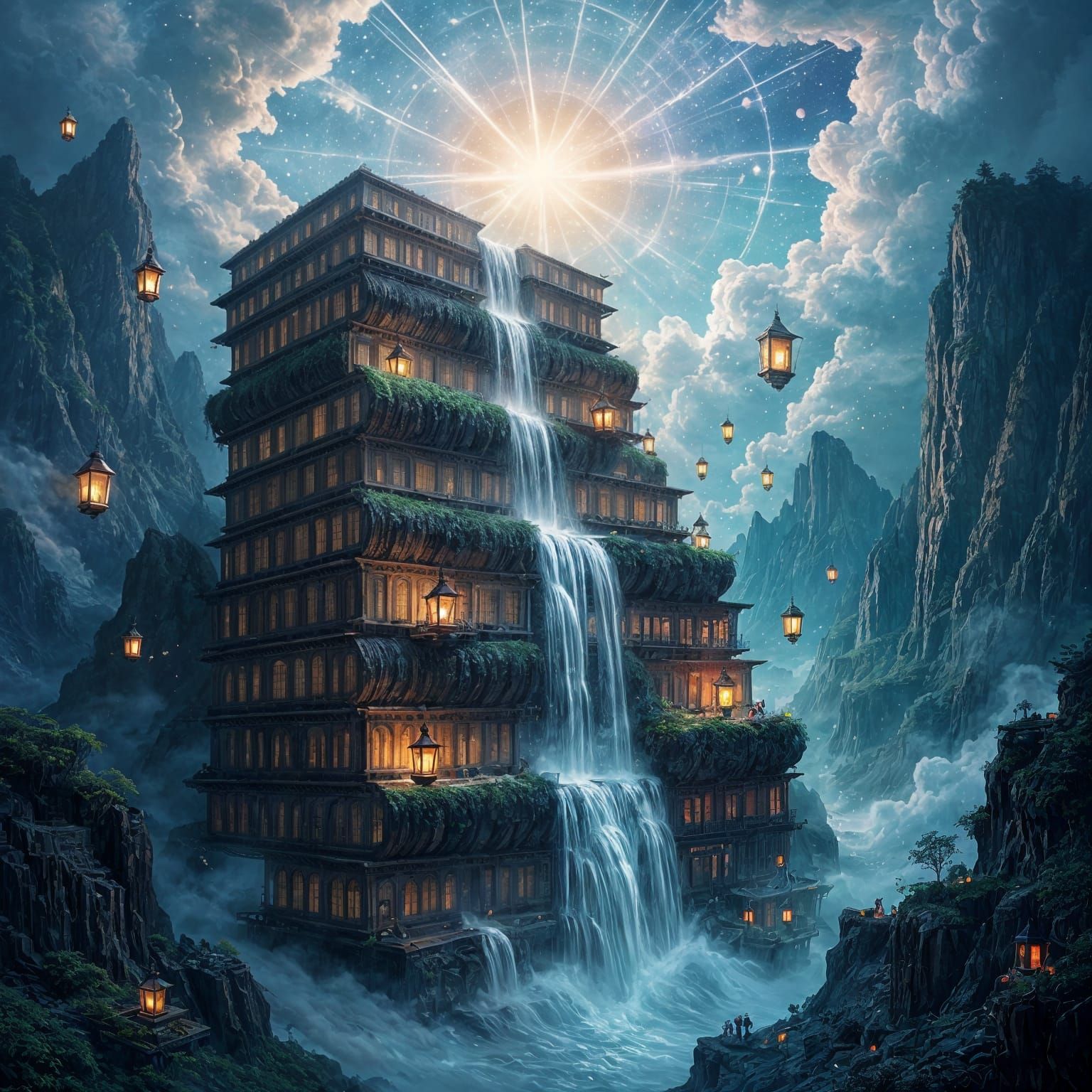 Book Mountains with Ink Waterfalls and Broken Sky