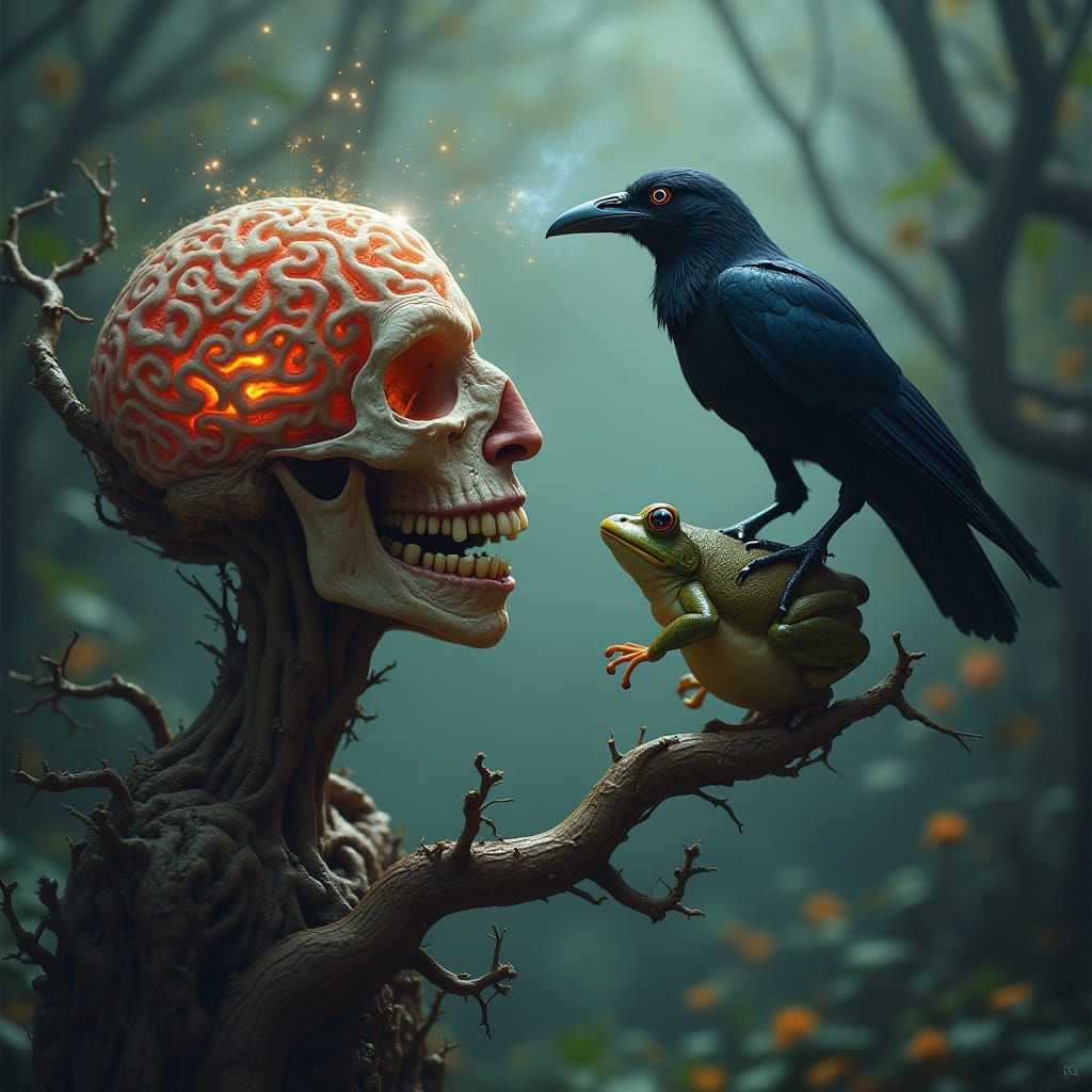 Mystical Brain Conversation in Vibrant Dreamlike Scene