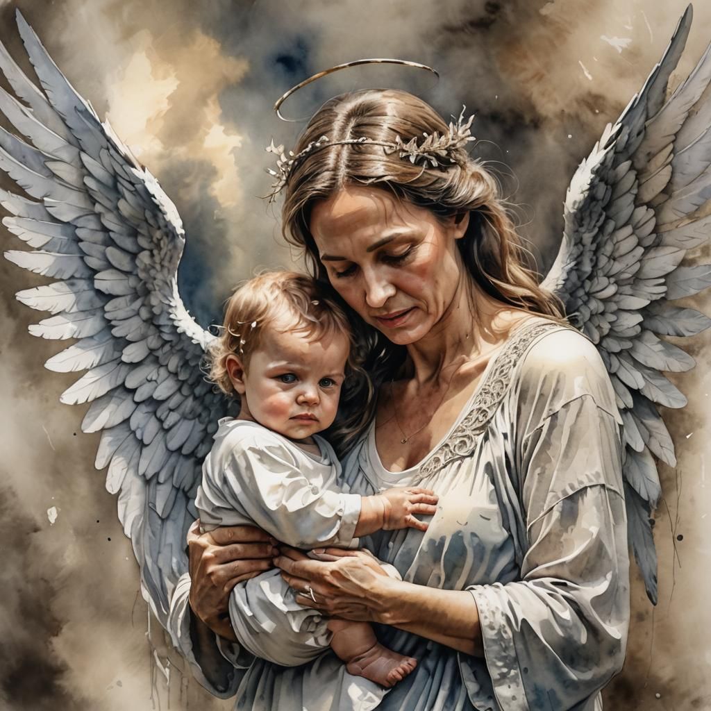Mother with Angel Wings in Vibrant Watercolor Style