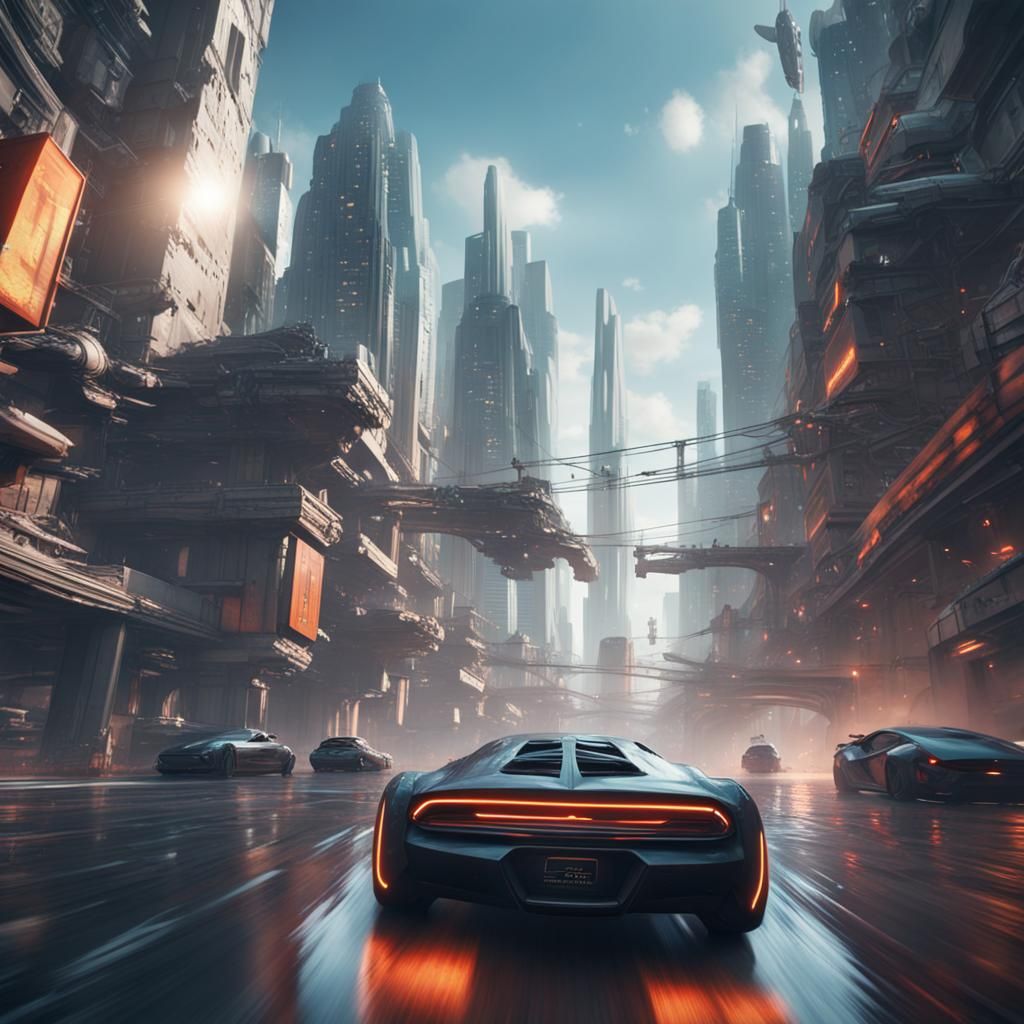Surreal Futuristic Cityscape with Hovering Car Chase in Cybe...