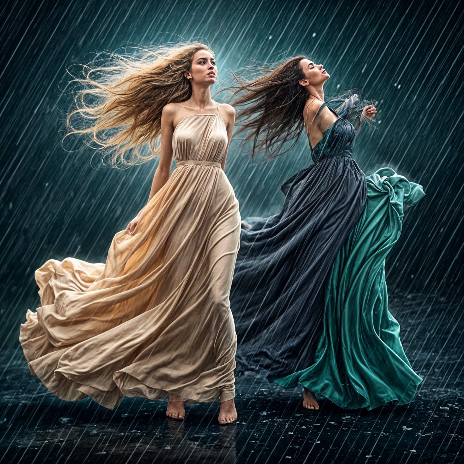 Women in Silk Dresses in Rainstorm