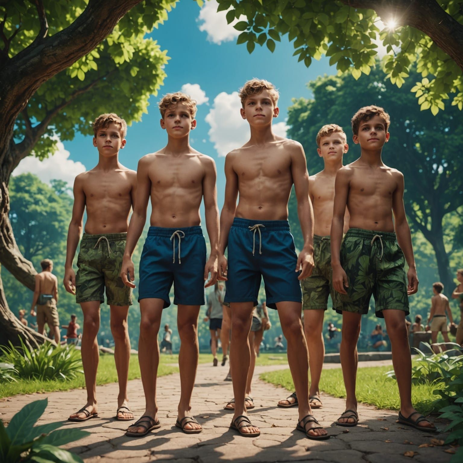 Young Boys in Vibrant Park Scene with Lush Greenery