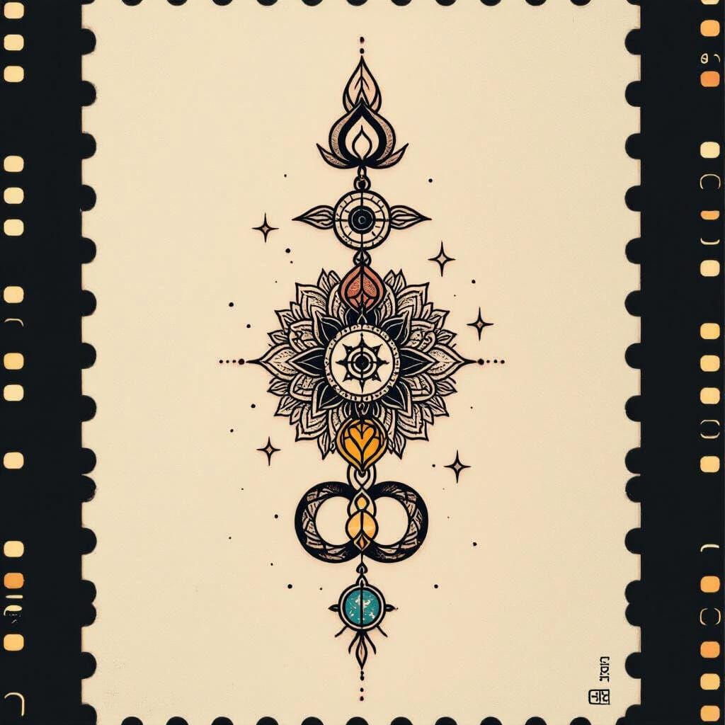 Minimalist Unalome Tattoo Design with Chakras and Elements