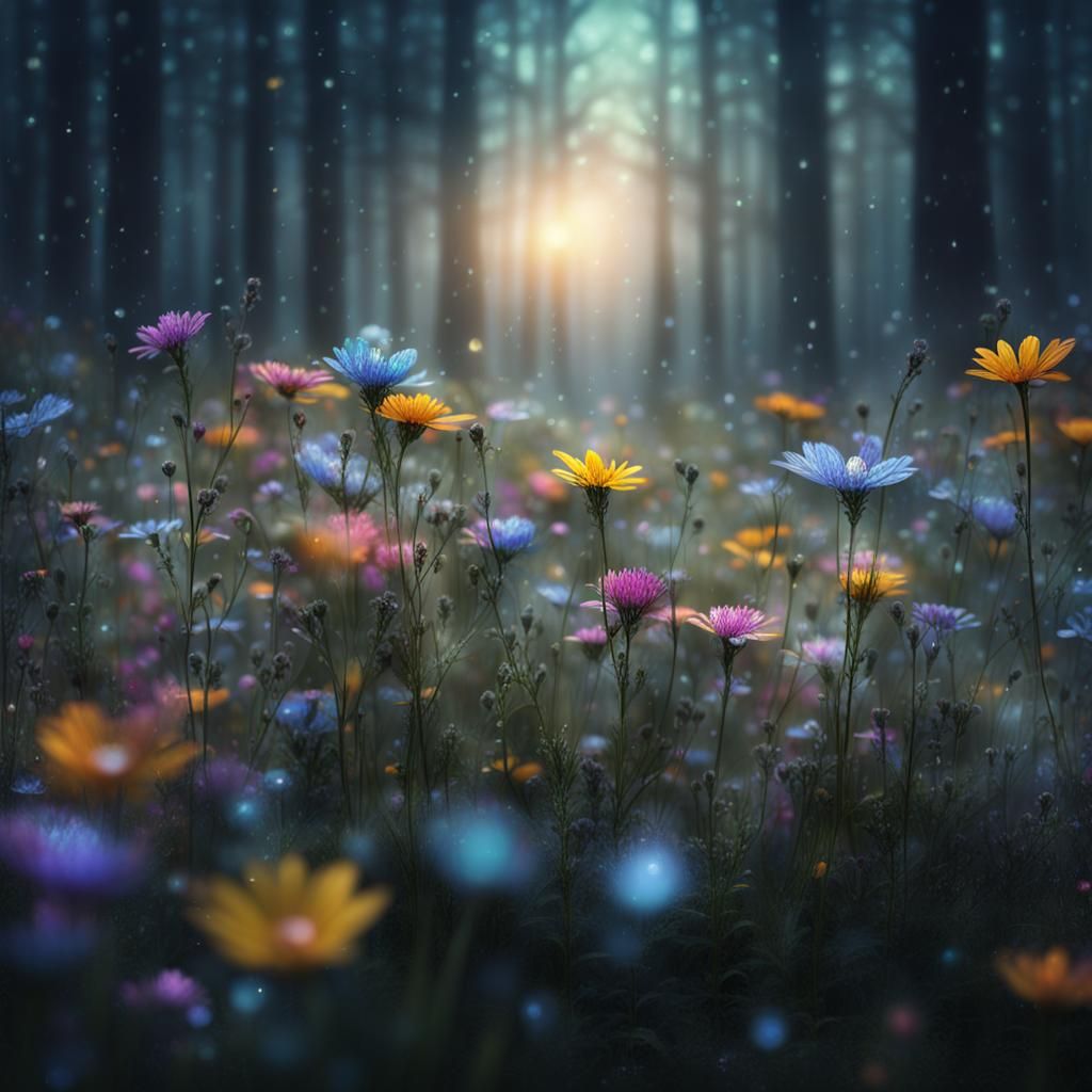 Whimsical Wildflowers in Mystic Forest, Iridescent Hues