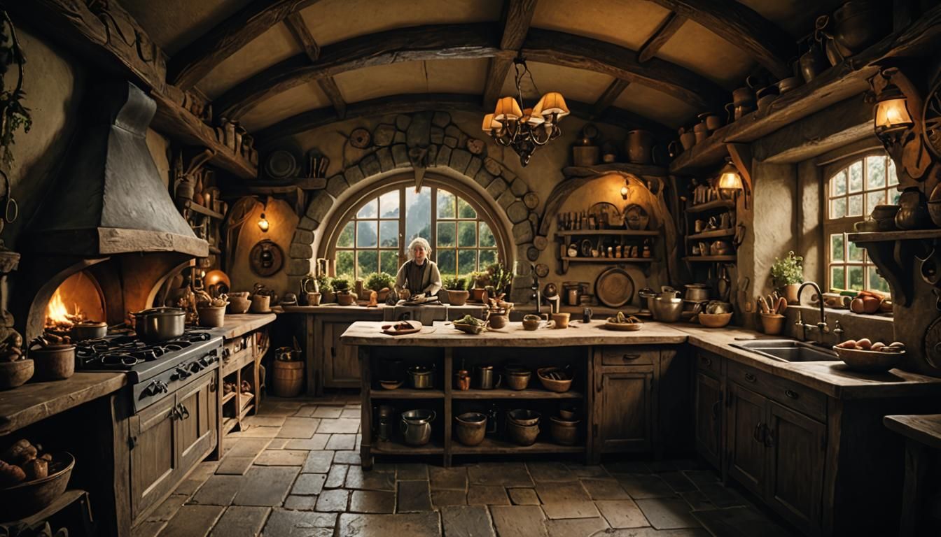 Epic Hobbit Home Kitchen in Cinematic Film Still Style