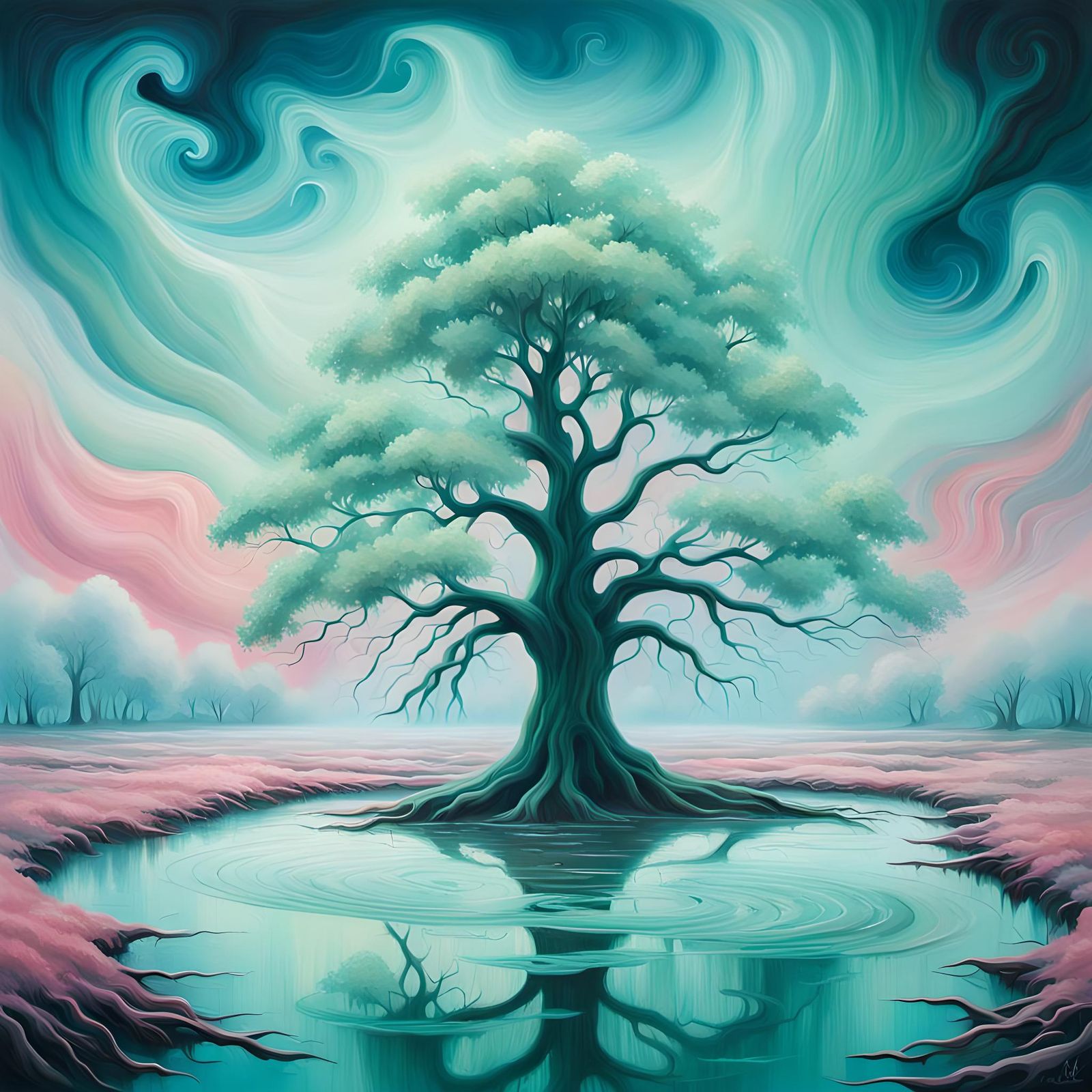 The Tree of Life in a Dystopian World: Light Green and Pink