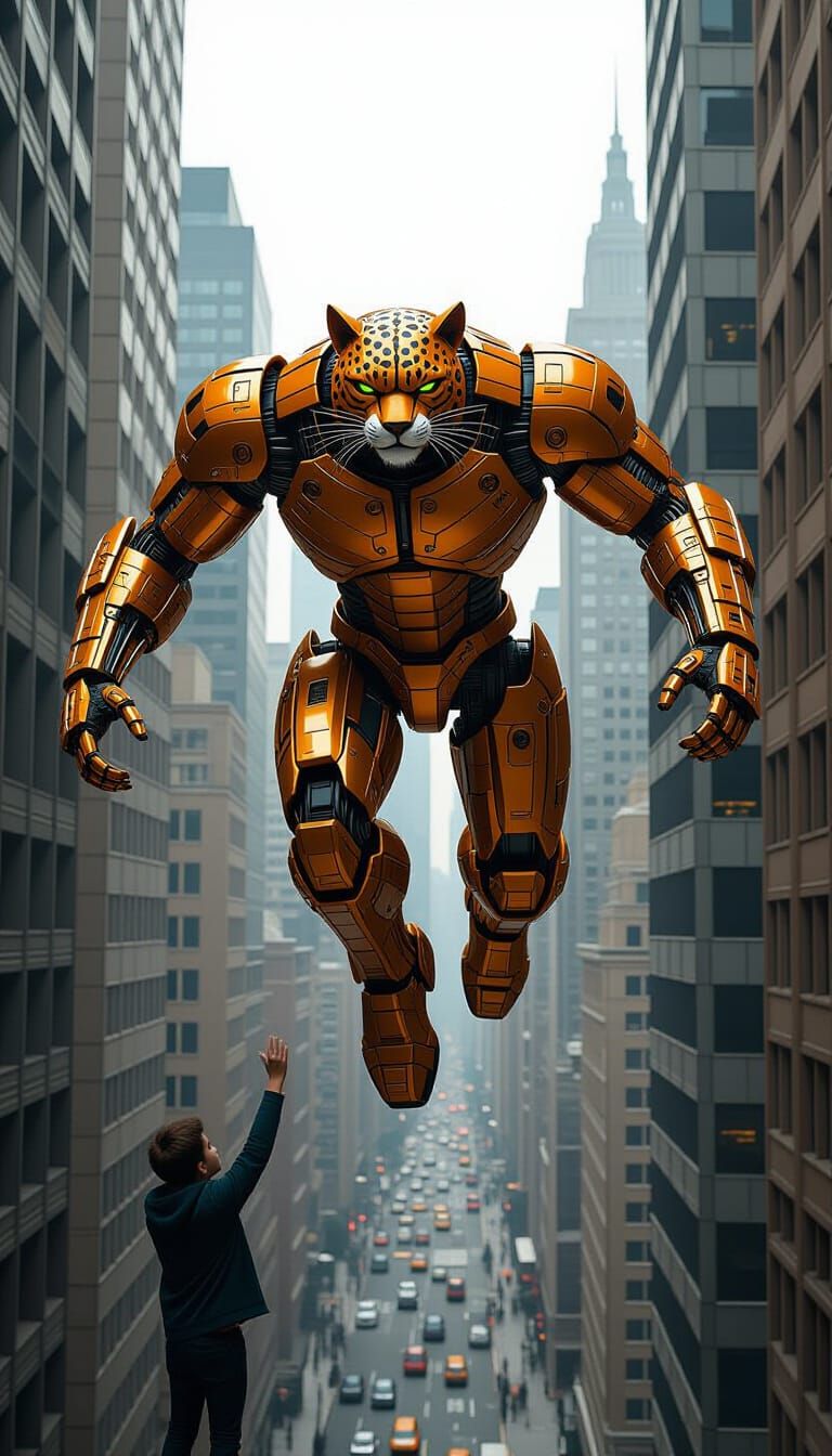 Cyborg Jaguar Superhero Rescues Lad
