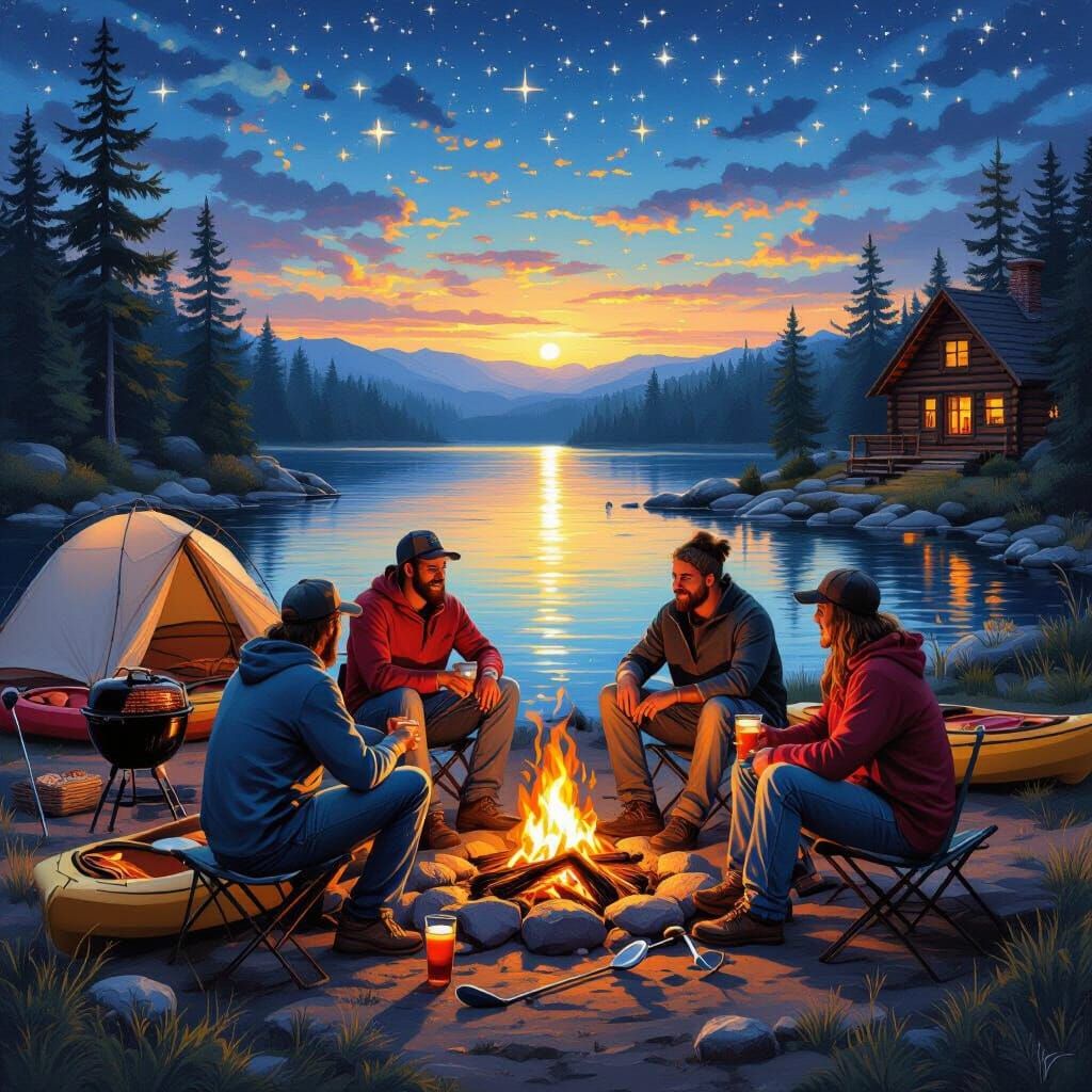 Friends Enjoying Outdoor Activities by a Lake at Night