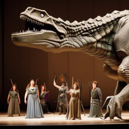 Surreal Opera Scene with a Dinosaur Amidst Vibrant Graffiti