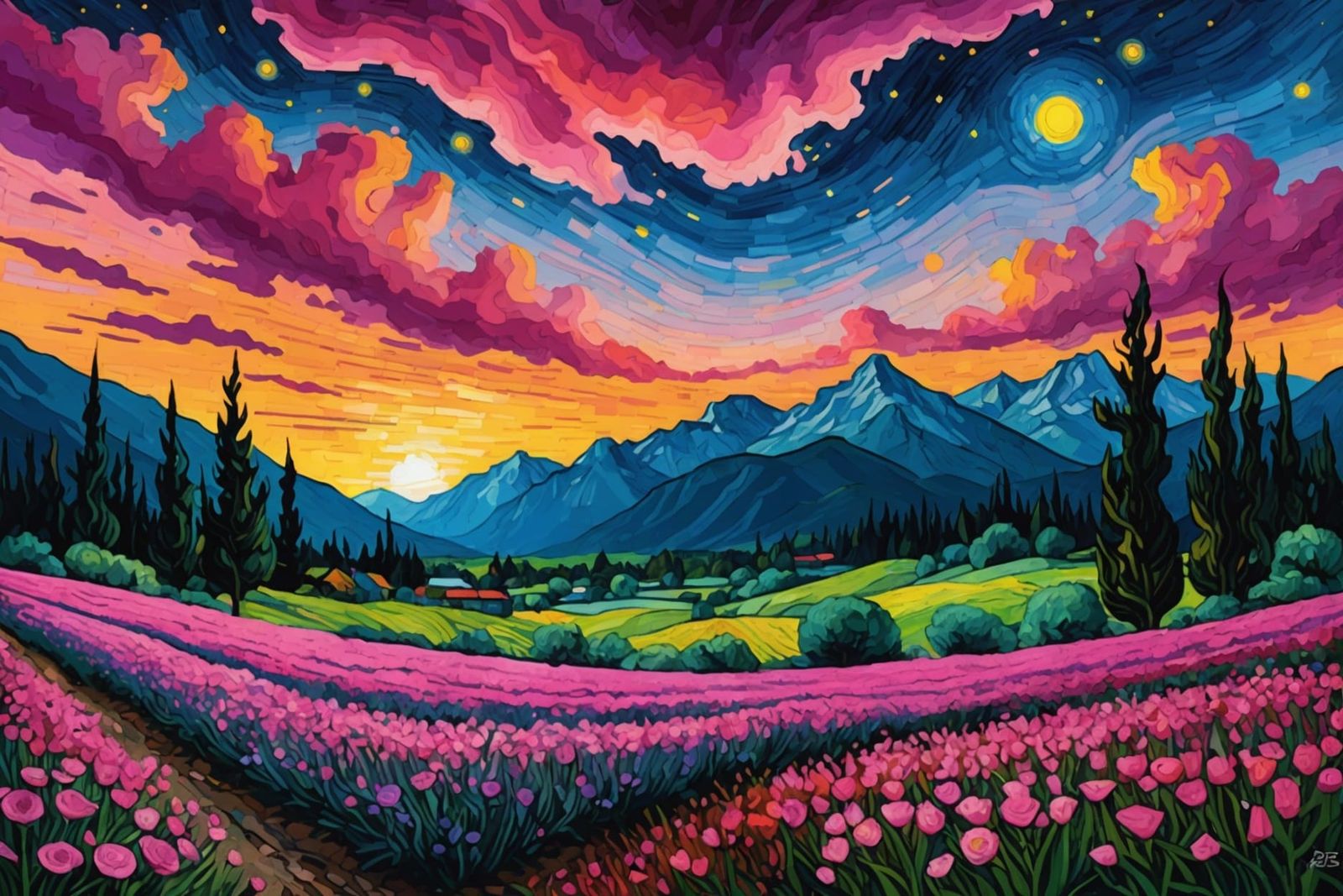 Surreal Pink Floral Landscape in High Gothic Watercolors