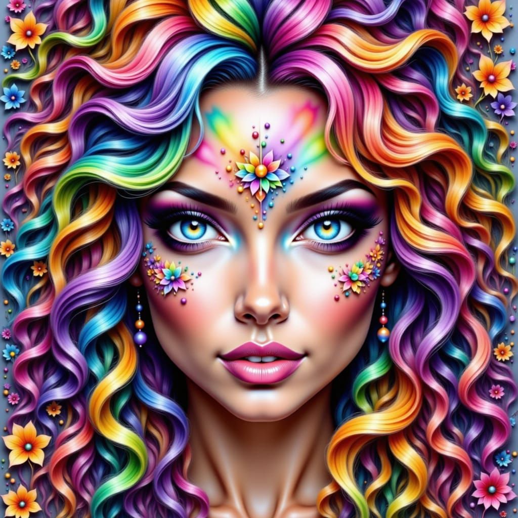 Glamorous Woman with Rainbow Floral Face Paint in Watercolor...