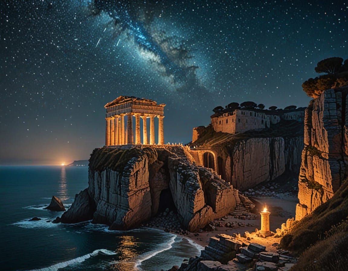 Starlit Temple Ruins in Etching Style