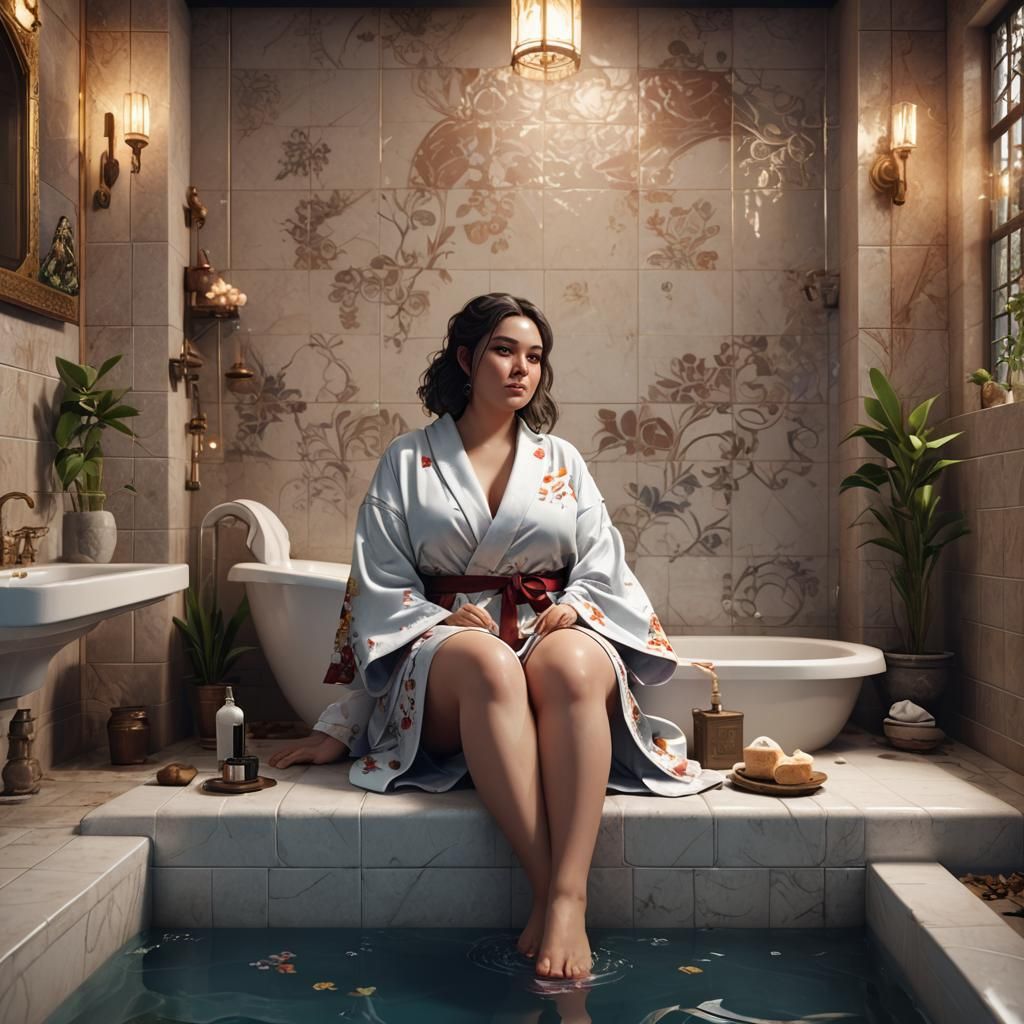 Charming Girl in Fantasy Bath Scene with Intricate Detail