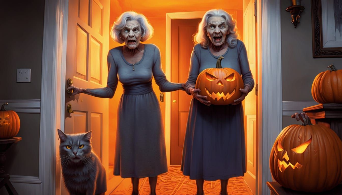Maniacal Monster Confronts Old Woman with Pumpkin