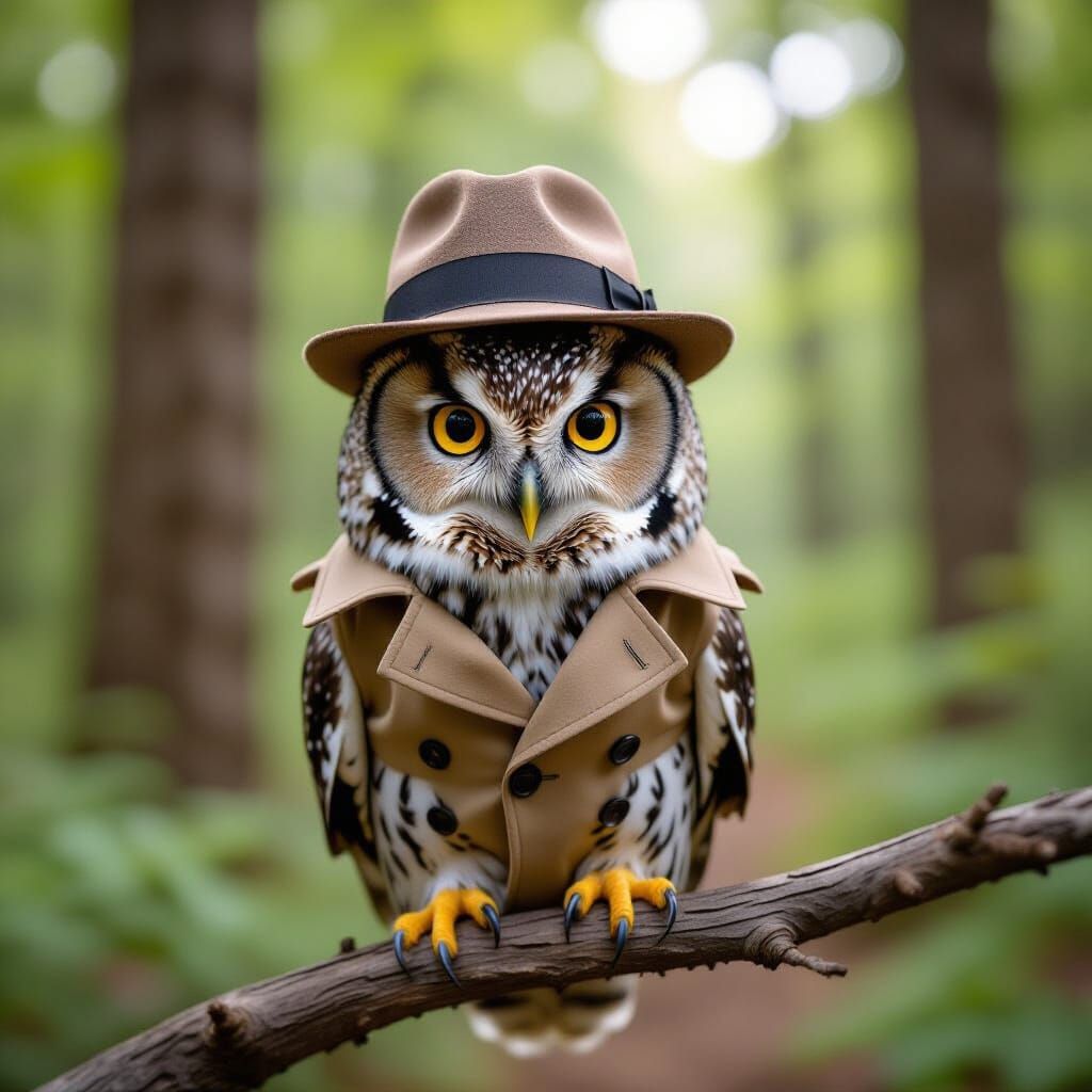 Annoyed Owl Detective in Forest, Photo-realistic