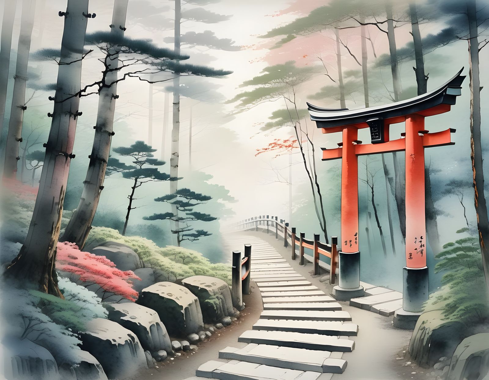 Torii Gates in a Serene Forest Landscape