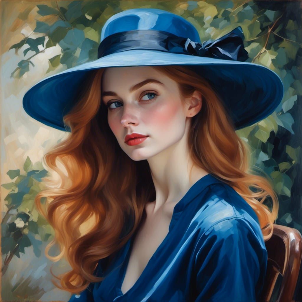 Luminous Redhead Sits in Garden with Brush Stroke Art