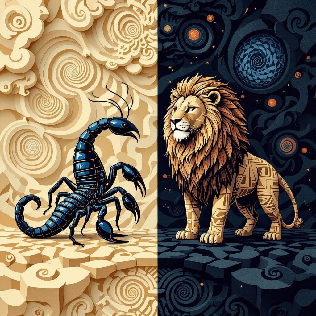 Scorpion and Lion in 3D Zentangle Style