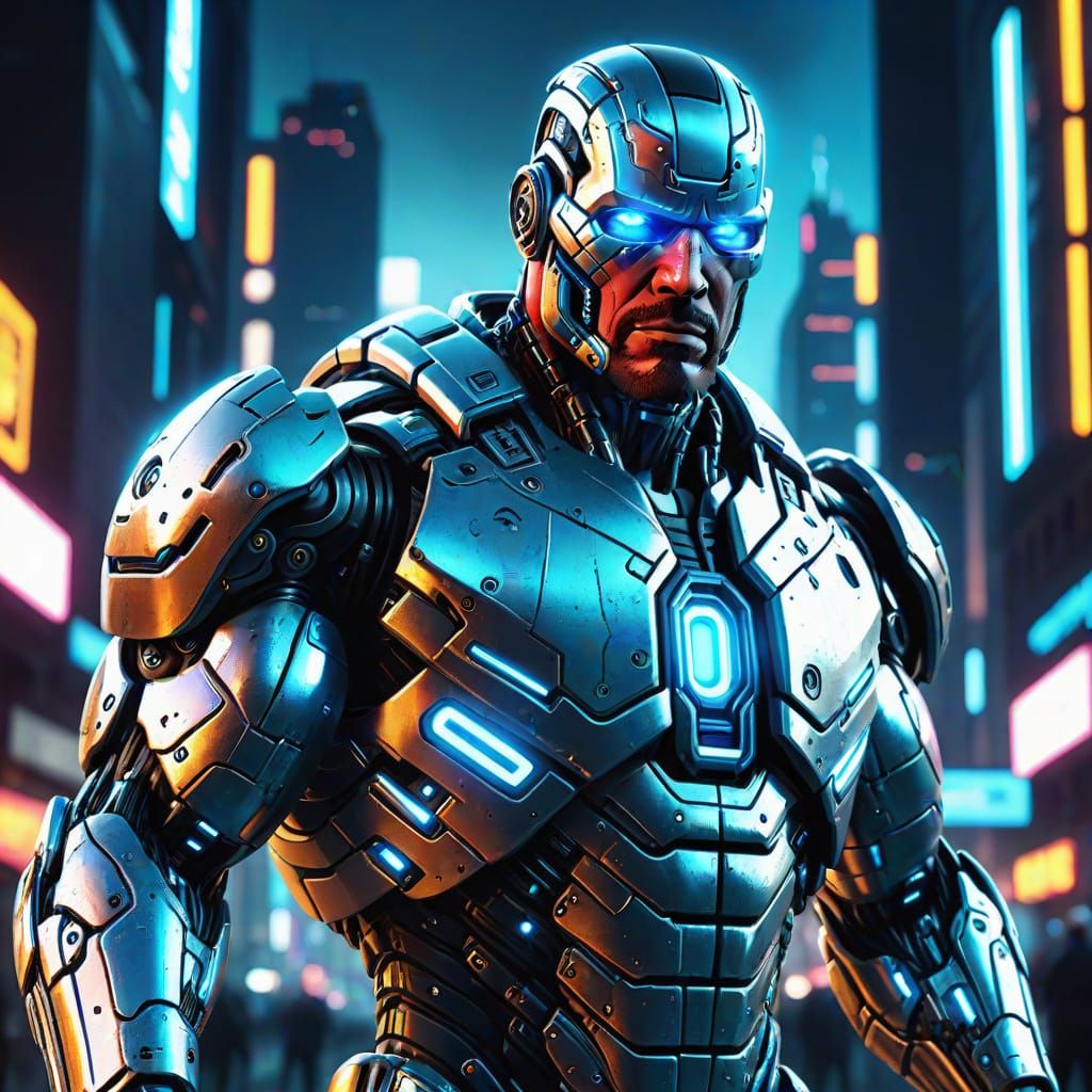 Bionic Steve Austin: Cyborg Art in Sci-Fi Cityscape