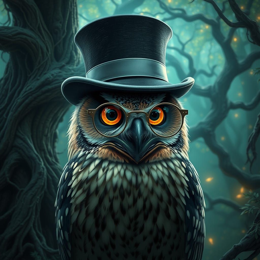 Elegant Owl with Top Hat and Eyeglasses in Whimsical Landsca...