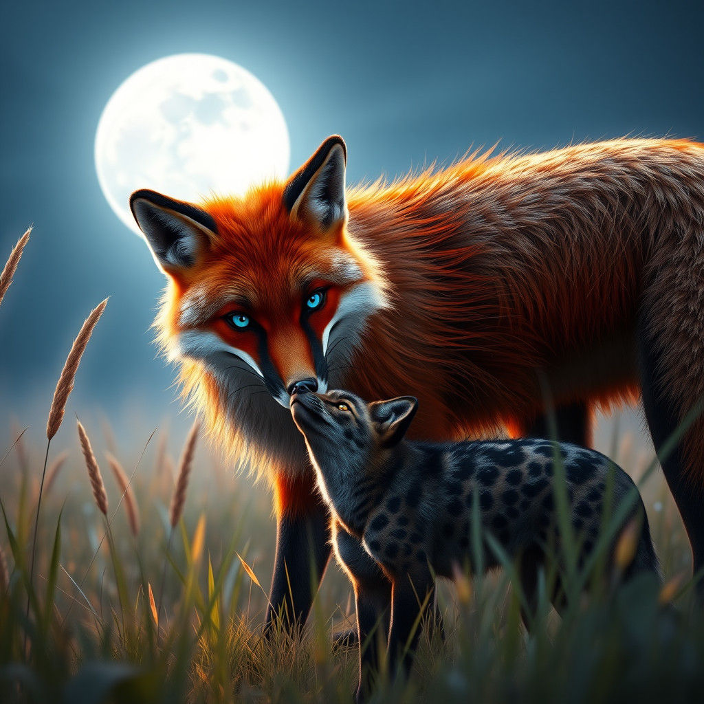 Serene Moonlit Encounter of Fox and Wolf in a Fantastical Me...