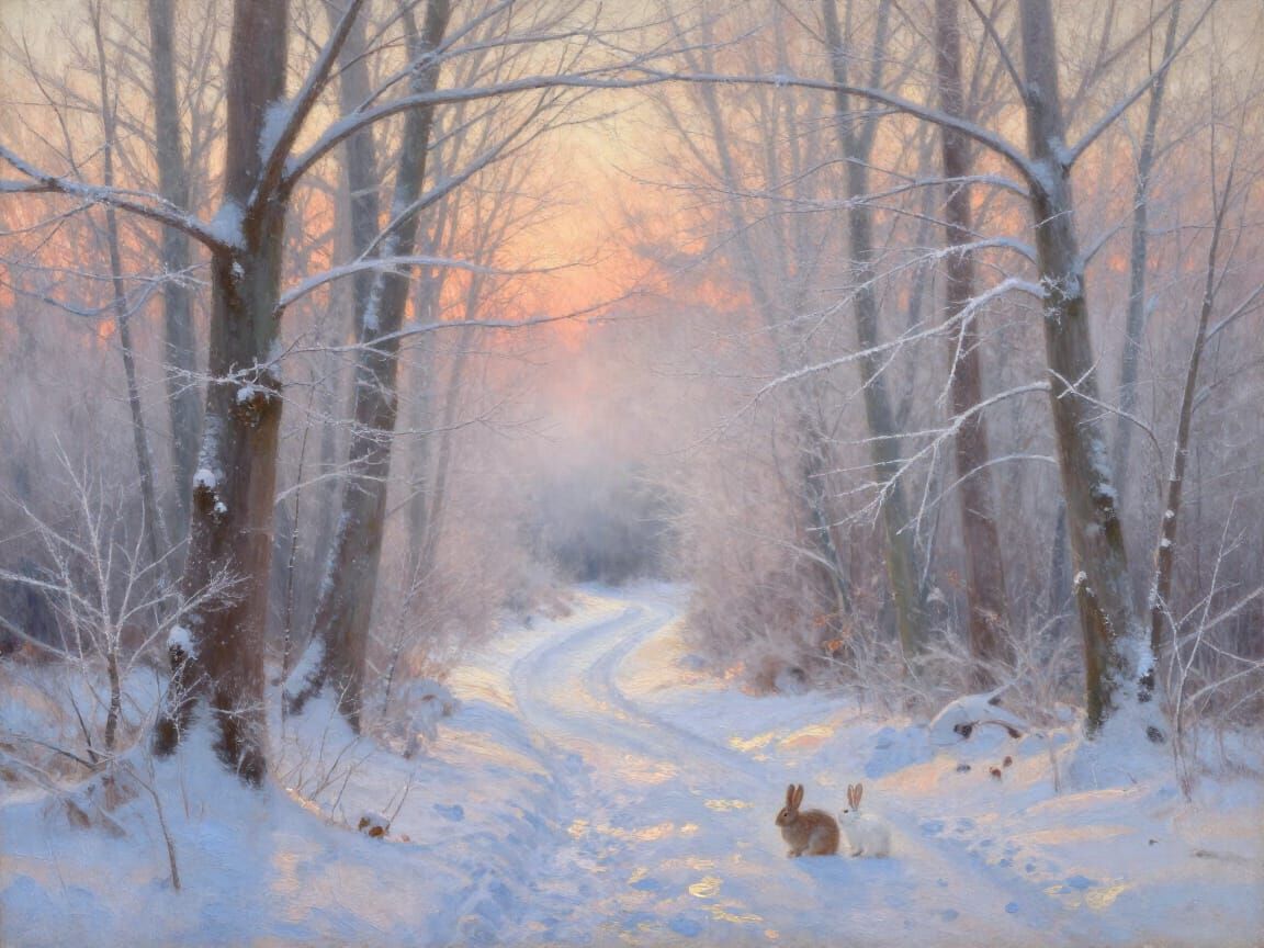 Winter Forest Sunrise Oil Painting with Rabbits