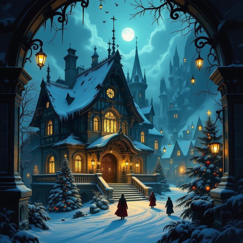 Fantastical Christmas Scene with Sinister Atmosphere