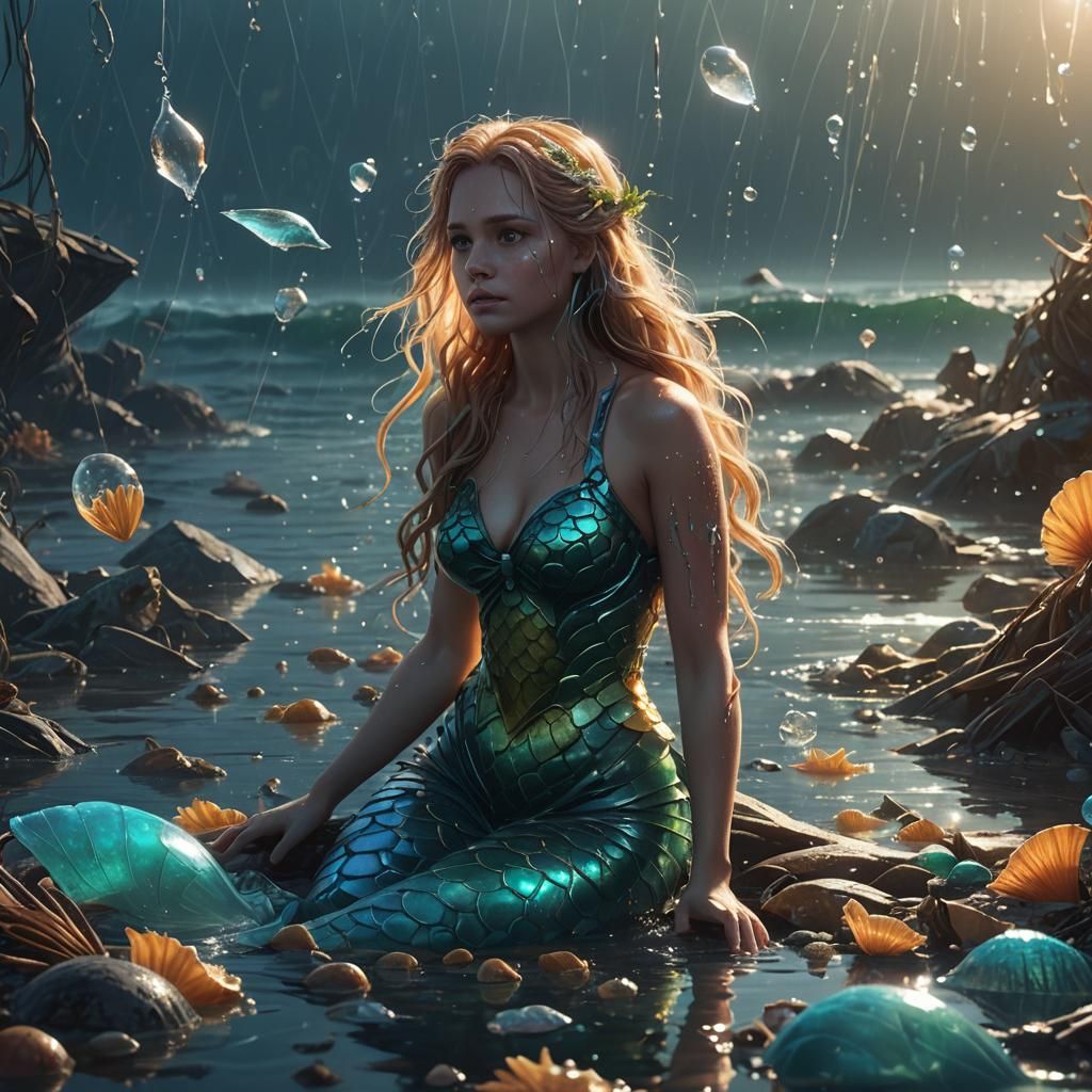 Mermaid Surrounded by Ocean Trash in a Water Droplet