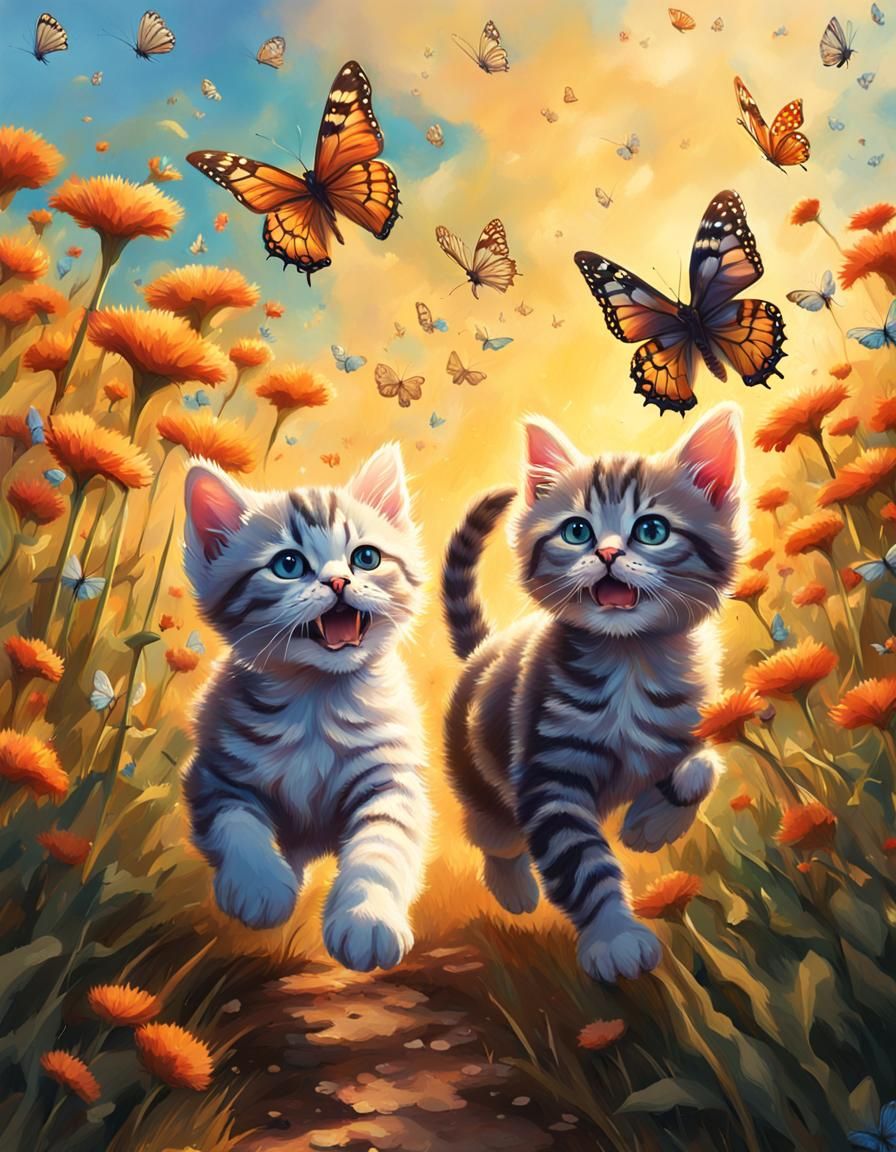 Kittens Chasing Butterflies in a Vibrant Field