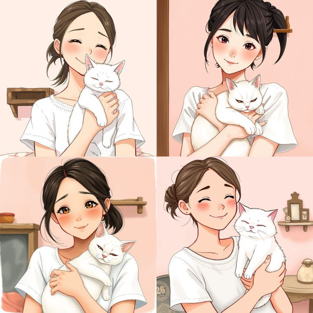 Cozy Ghibli-Style Portrait of a Woman and Her Cat