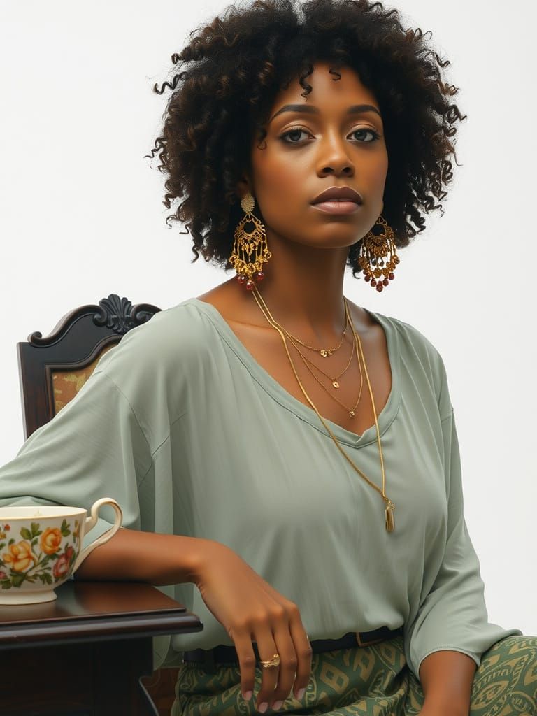 Close-Up Portrait of African American Woman in Green