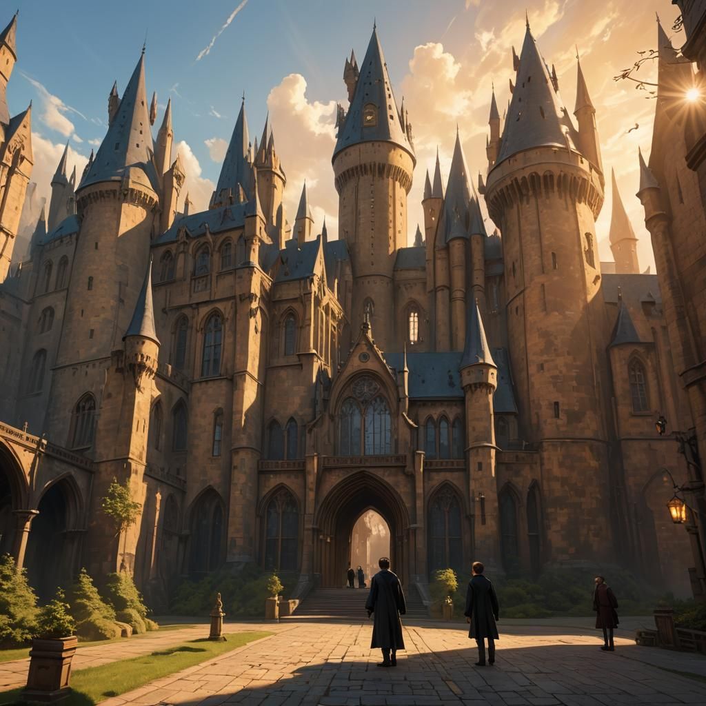 Ethereal Golden Light Illuminates Hogwarts Majestic Courtyar...