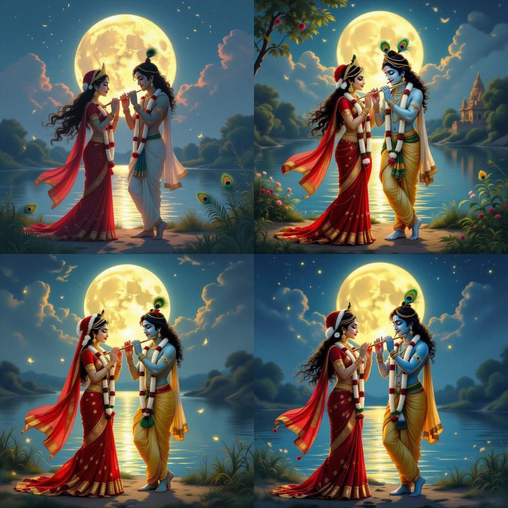 Divine Radha Krishna Under Moonlight by Yamuna River
