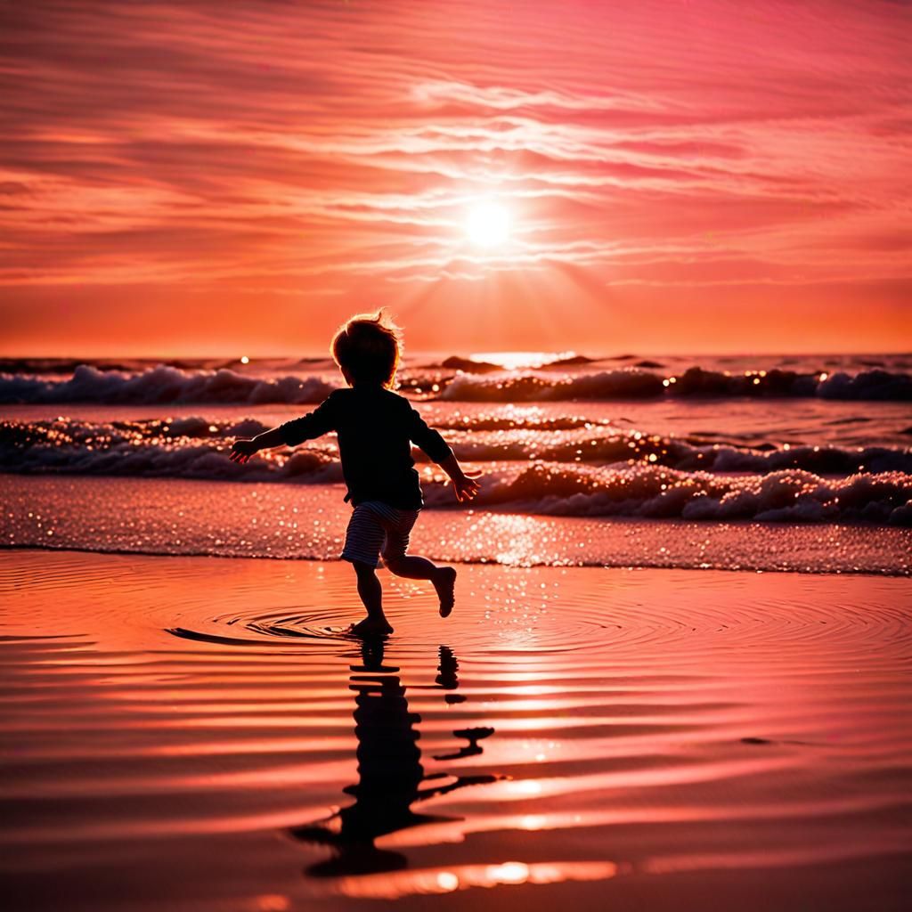 Joyful Beach Scene in Vibrant Sunset Colors