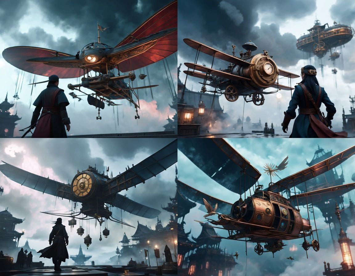 Steampunk Ornithopter Soaring Through Crimson Nebula Sky