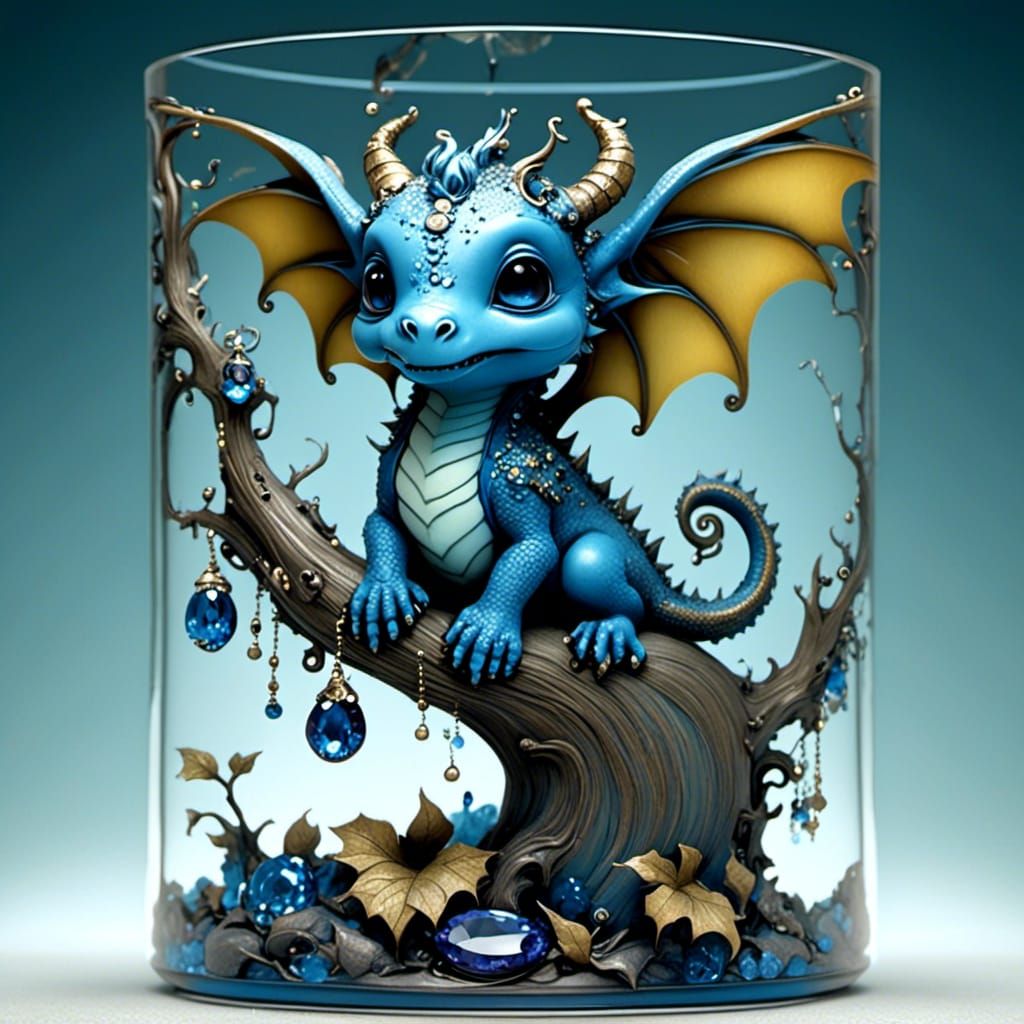 Miniature Baby Dragon Lays Beside Crystal Lake in Muted Tone...