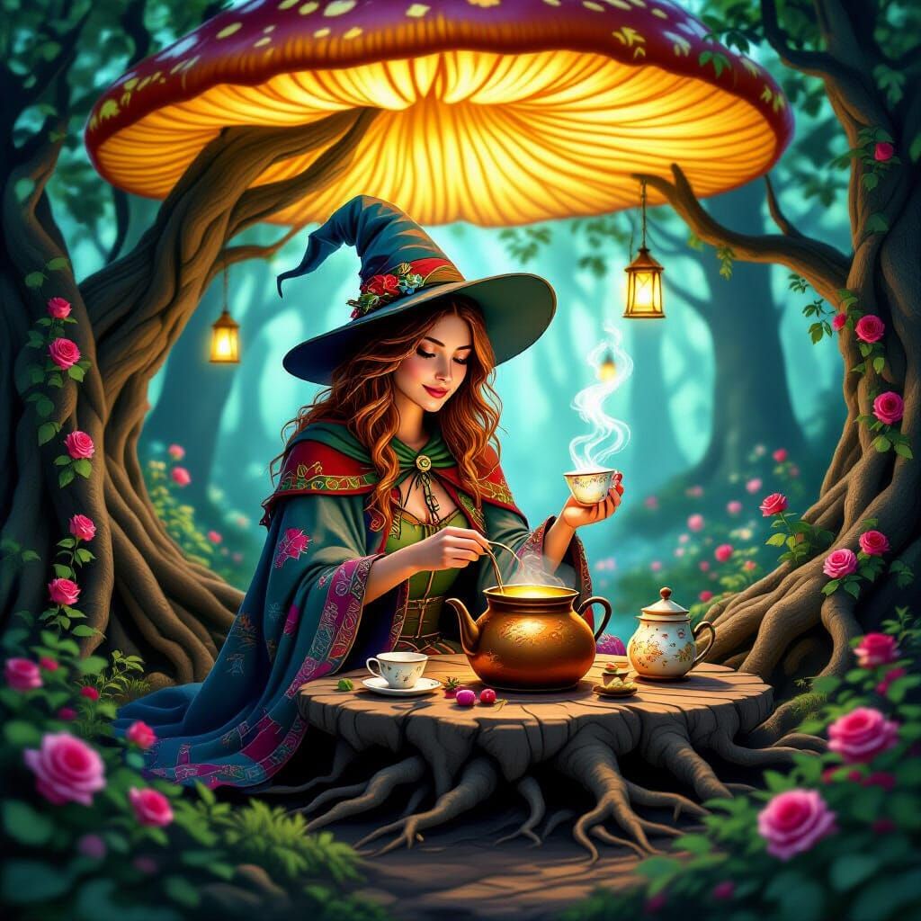 Forest Witch Brews Tea Under Mushroom Canopy