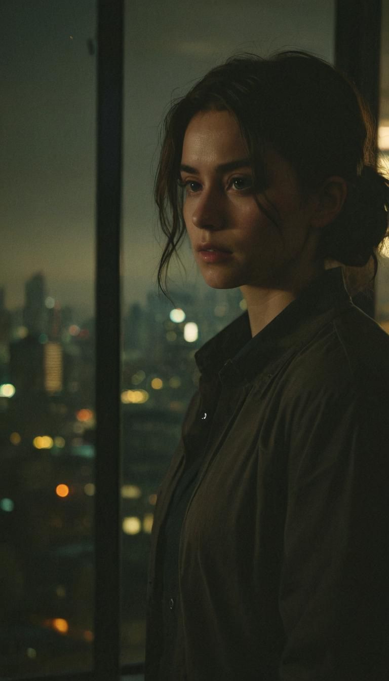 Determined Figure in Moody Cityscape