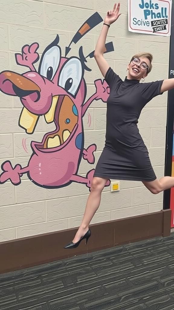 Woman Leaping with Cartoon Character in Fantasycore Style