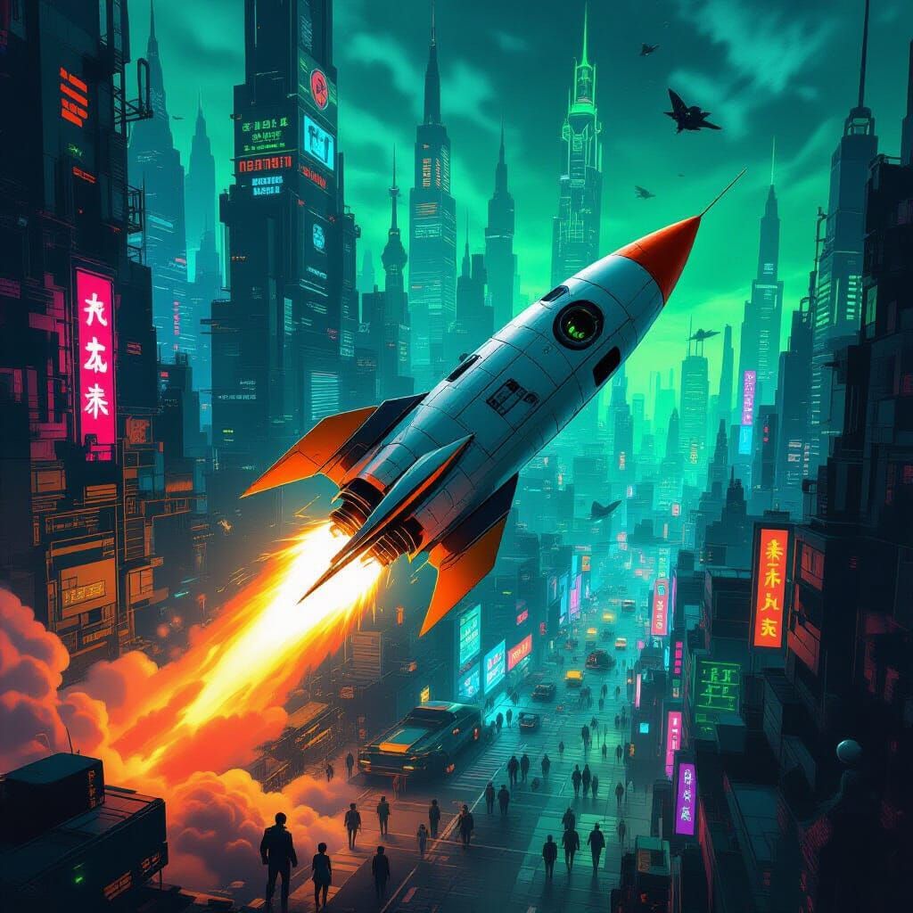 Rocket Soaring Through Cyberpunk Cityscape