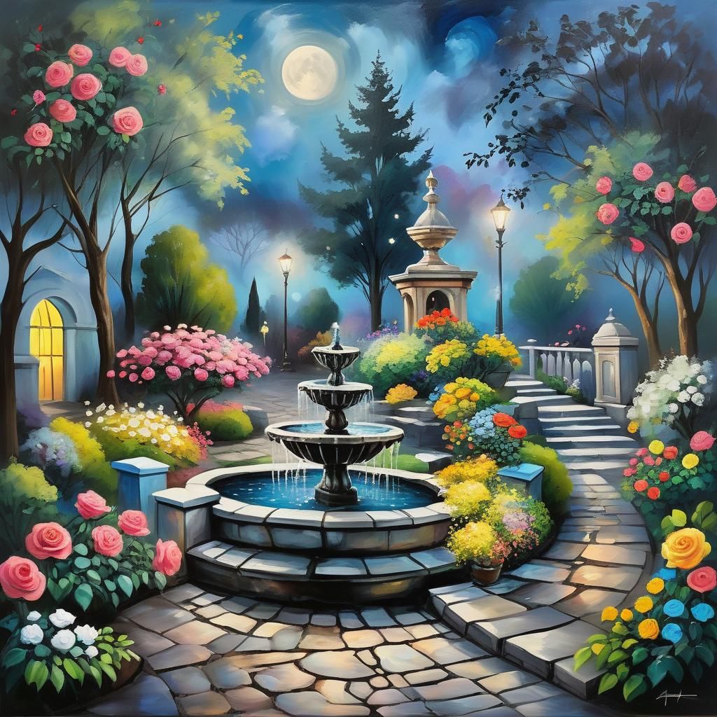 Surreal Greek Garden Under Moonlit Night