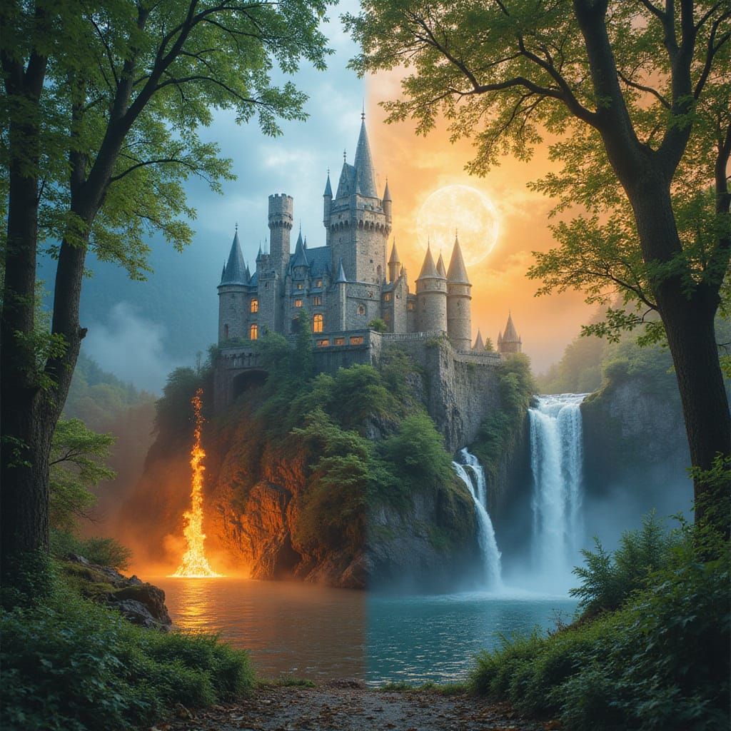Castle Surrounded by Elements in Double Exposure