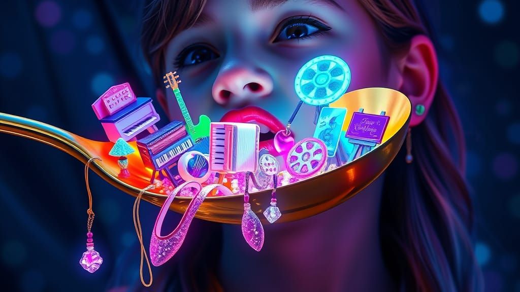 Girl Savoring Neon Musical Instruments in Dreamlike Watercol...