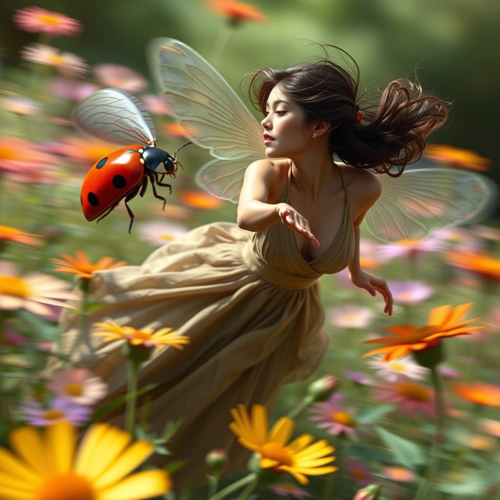 Hyperrealistic Ladybug Flies Over Woman and Flowers