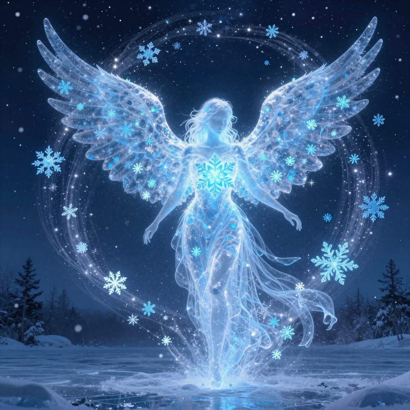 Winged Snowflake Figure Forms in Starry Vortex